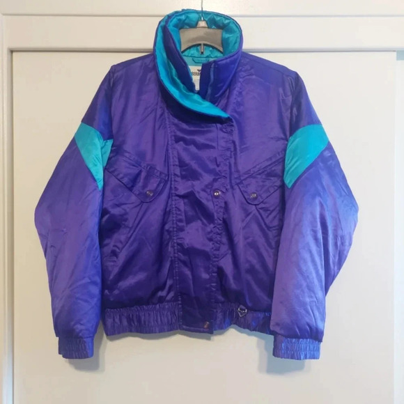 Obermeyer Vintage 80s Retro Purple/ Blue Colorblock Down Puffer Satin Jacket Ski - Picture 3 of 11